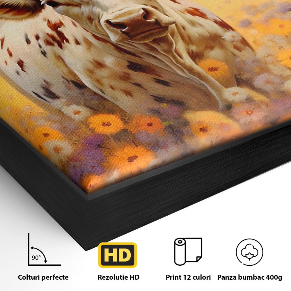 Detaliu al suprafetei: tablou canvas cu bivol cu coarne mari, in rama de aluminiu negru